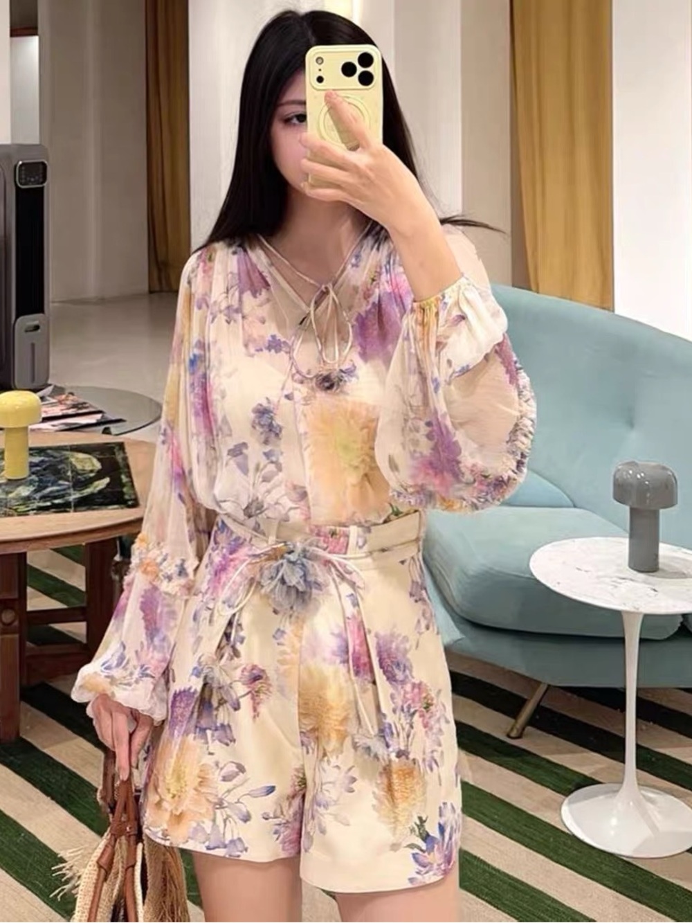 Designer-style Floral Tie-Waist Chiffon Romper Dress - Cream Multi